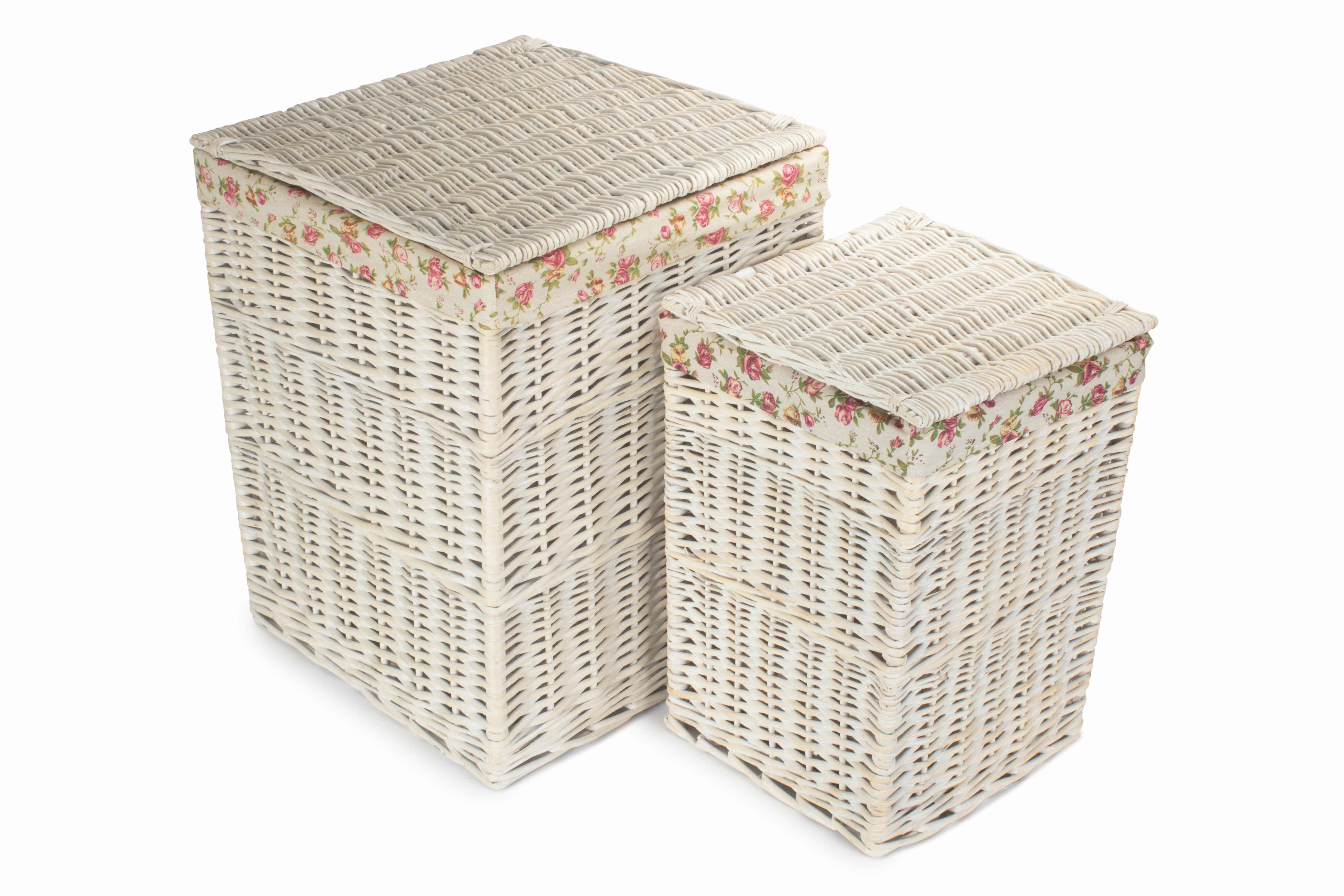 Square White Wash Laundry Hamper with Garden Rose Lining Set 2