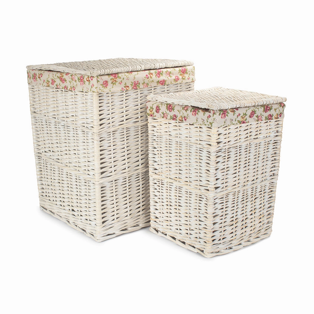 Square White Wash Laundry Hamper with Garden Rose Lining Set 2 laundry organizer,dirty clothes basket,plastic laundry basket