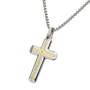 Stainless Steel 18k Gold IP Steel Two Tone Cross With Lab Grown Diamond