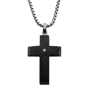 Stainless Steel Carbon Fiber Diamond Accent Cross Pendant Necklace