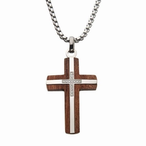 Stainless Steel Bubinga Wood Cross Pendant Necklace