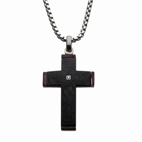 Stainless Steel Carbon Fiber Diamond Accent Cross Pendant Necklace