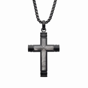 Stainless Steel Meteorite Inlay Cross Pendant Necklace