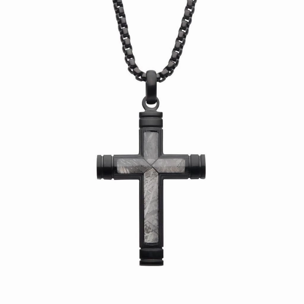 Stainless Steel Meteorite Inlay Cross Pendant Necklace