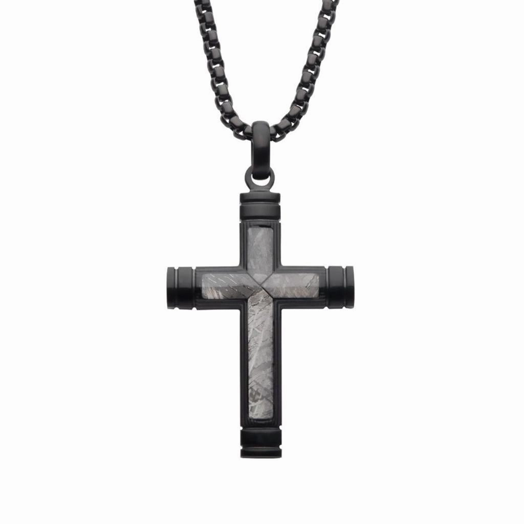 Stainless Steel Meteorite Inlay Cross Pendant Necklace