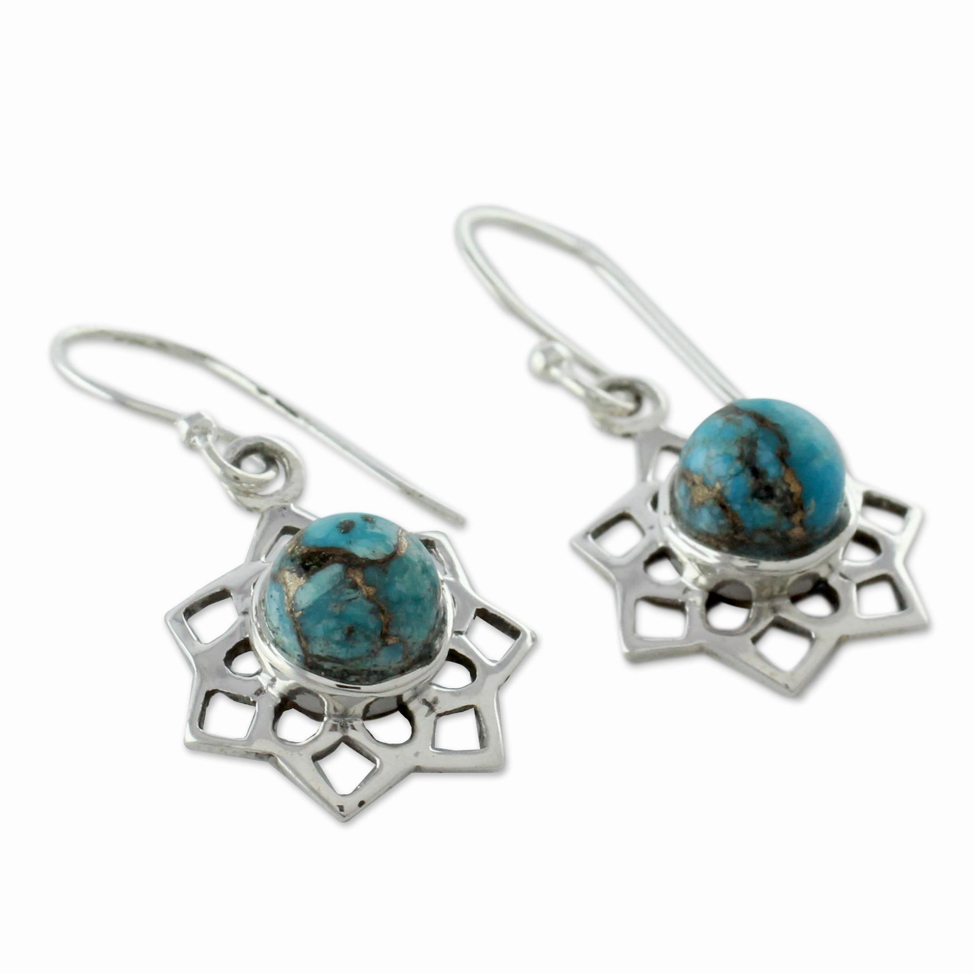 Star of Gujurat Turquoise Color Earrings Hand Crafted in Sterling Silver