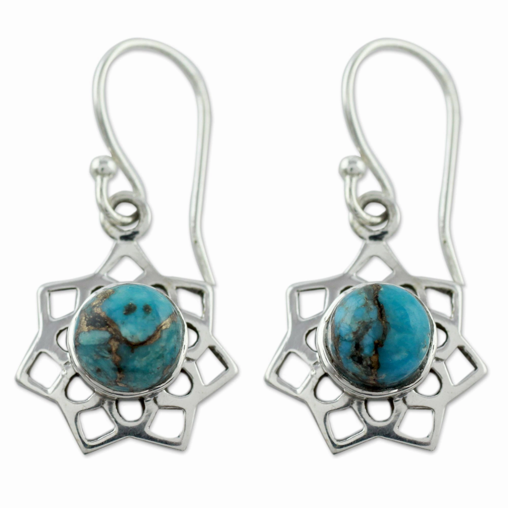 Star of Gujurat Turquoise Color Earrings Hand Crafted in Sterling Silver