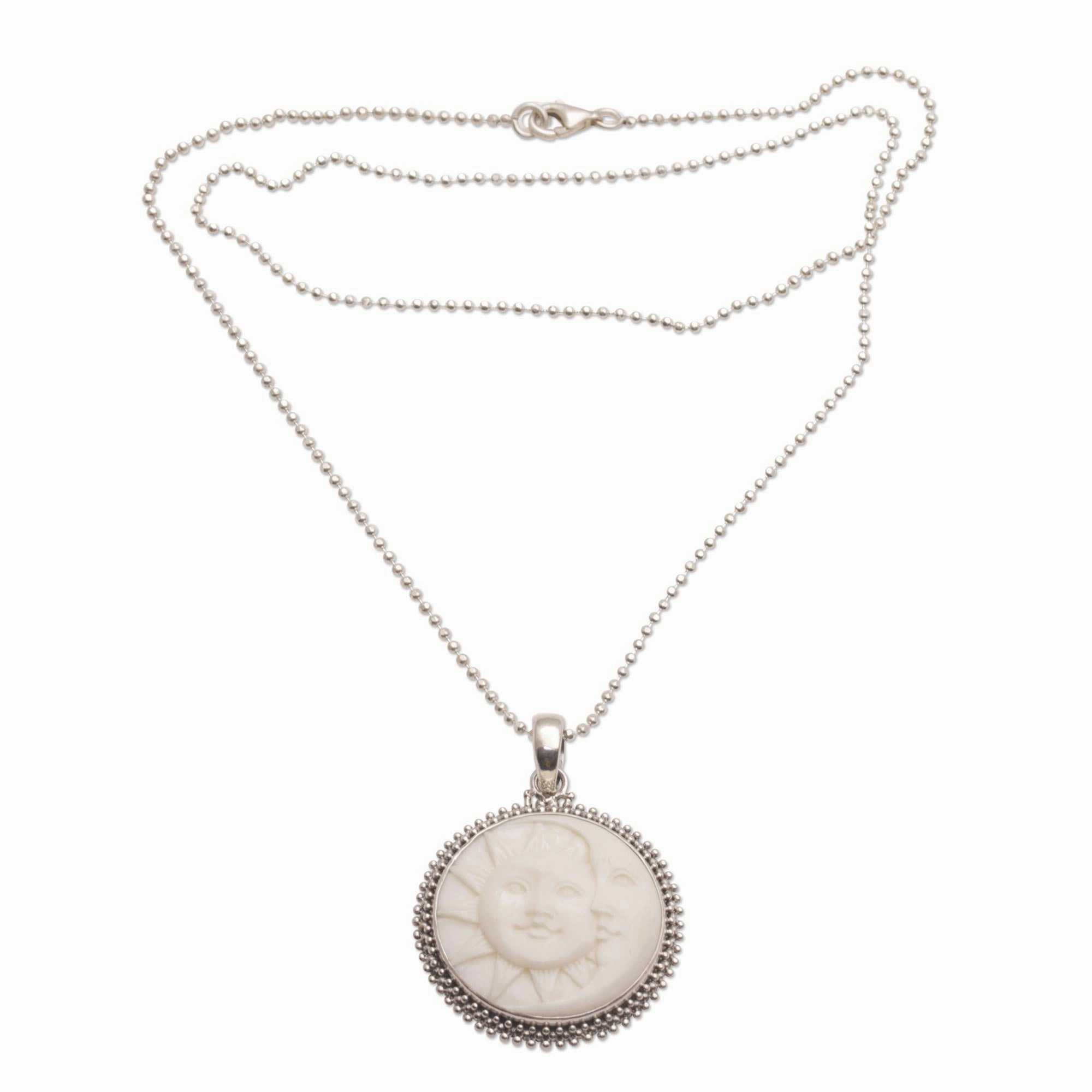 Stellar Lovers Sterling Silver and Bone Sun and Moon Necklace from Bali