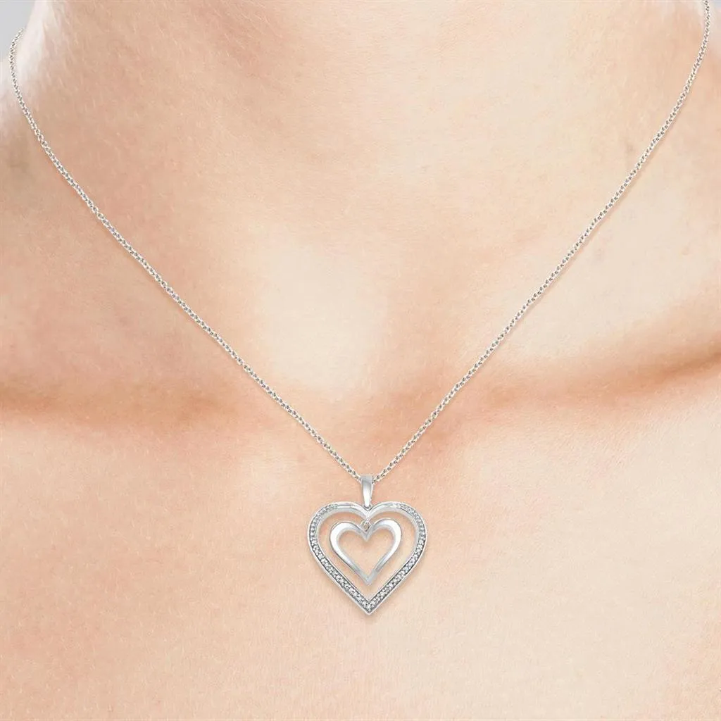Sterling Silver Double Heart Diamond Pendant Necklace
