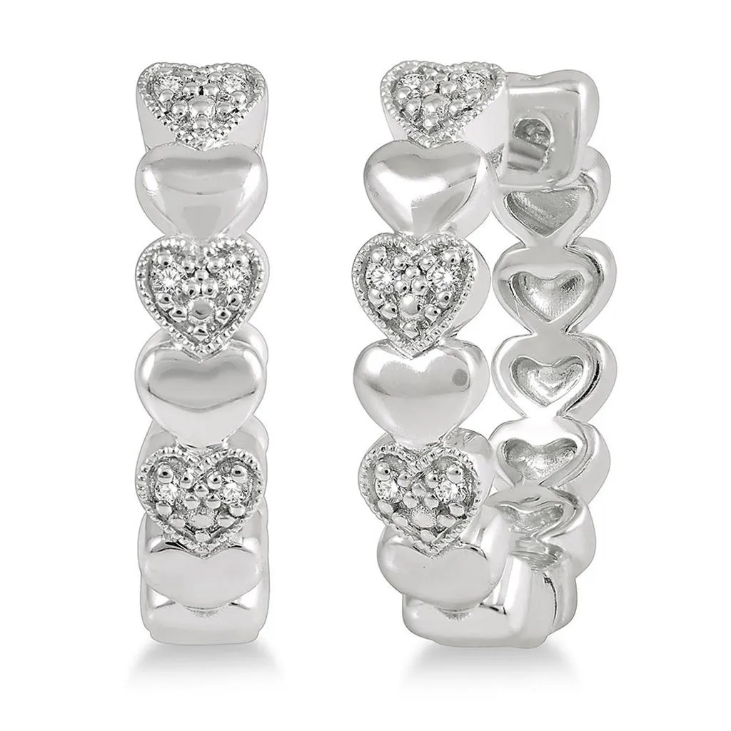 Sterling Silver Heart Shape Diamond Hoop Earrings