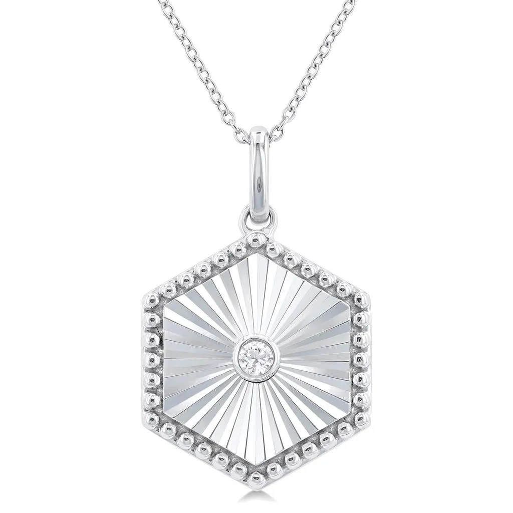 Sterling Silver Hexagon Medallion Diamond Pendant Necklace