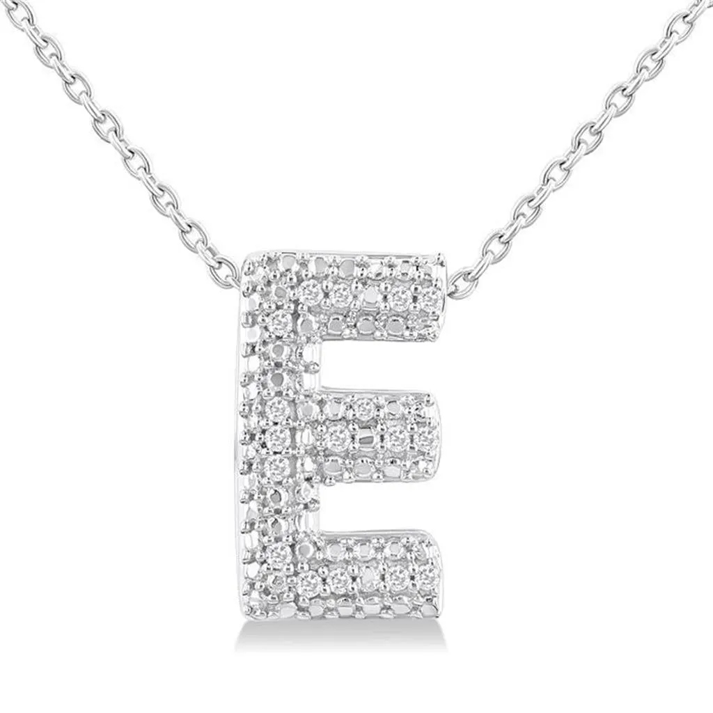 Sterling Silver Initial E Diamond Pendant Necklace