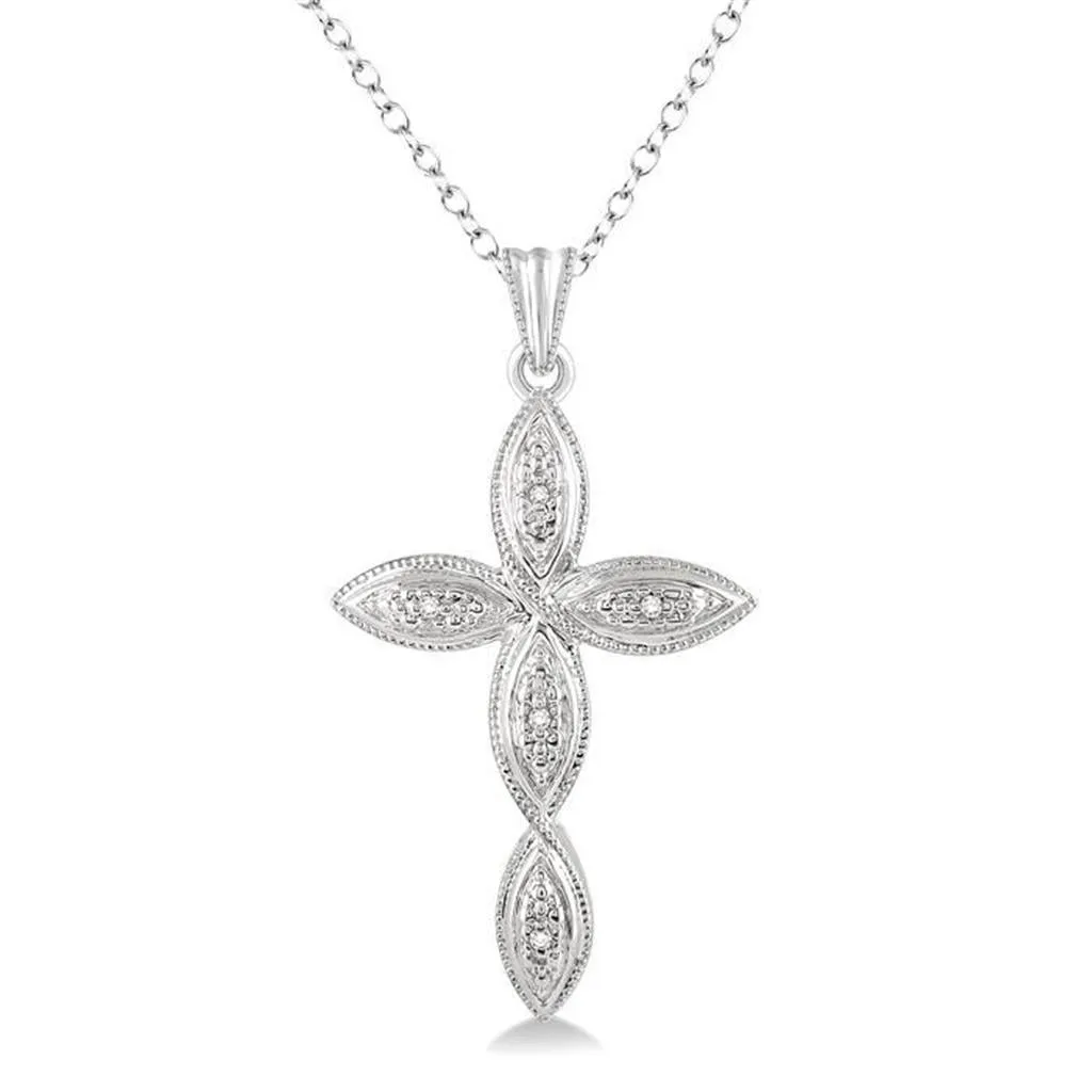 Sterling Silver Natural Diamonds Cross Pendant Necklace