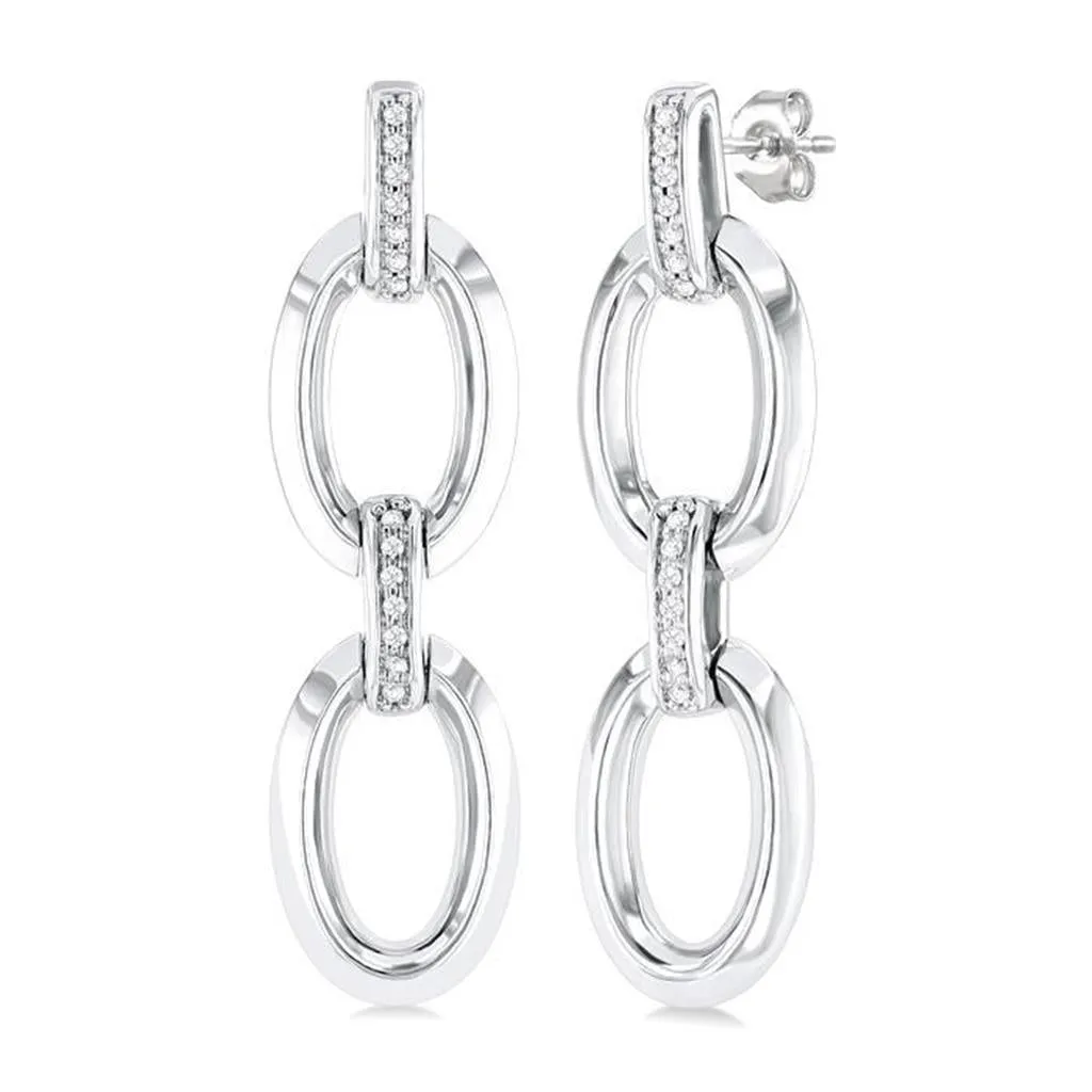 Sterling Silver Open Link Diamond Dangle Earrings