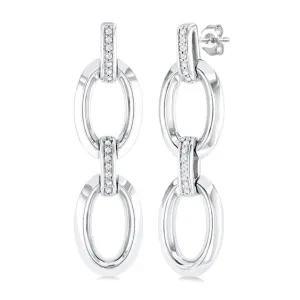 Sterling Silver Open Link Diamond Dangle Earrings