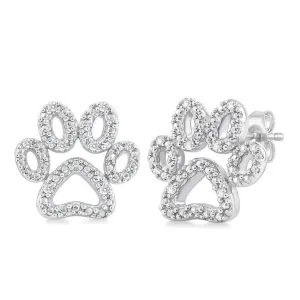Sterling Silver Puppy Paw Natural Diamond Stud Earrings