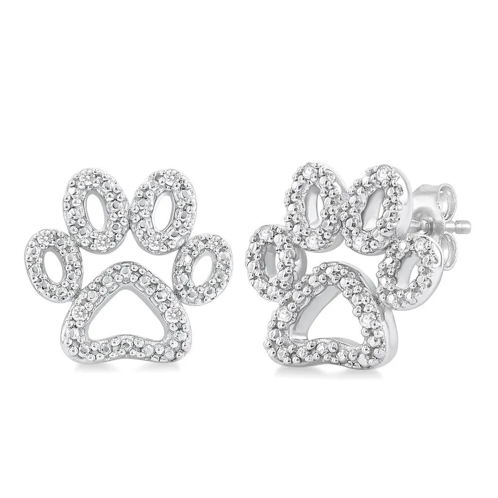 Sterling Silver Puppy Paw Natural Diamond Stud Earrings