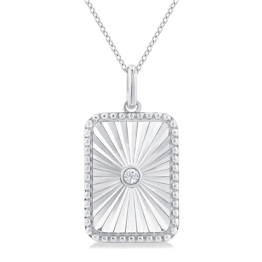 Sterling Silver Rectangle Medallion Diamond Pendant Necklace