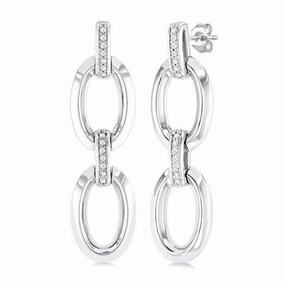 Sterling Silver Open Link Diamond Dangle Earrings