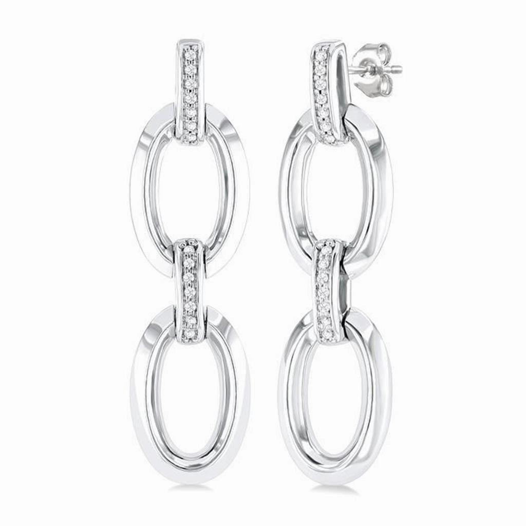 Sterling Silver Open Link Diamond Dangle Earrings
