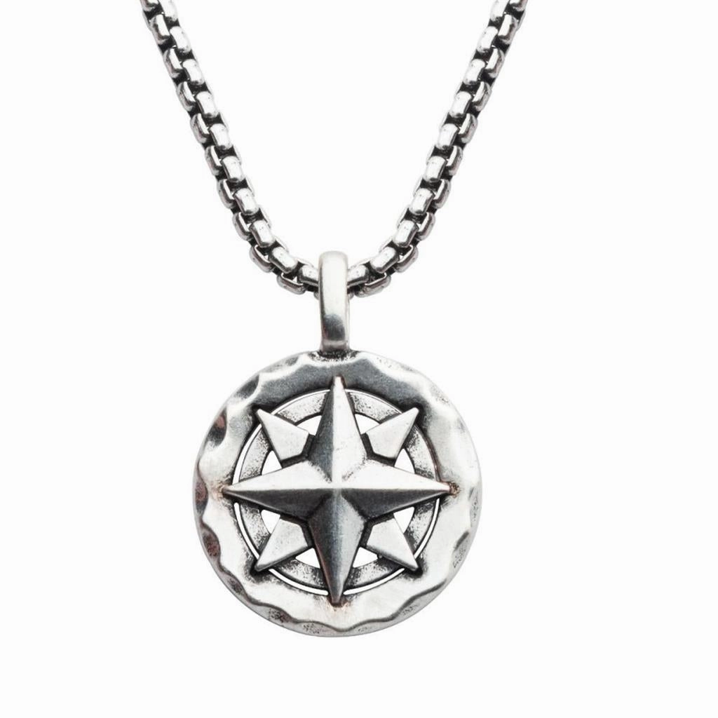 Sterling Silver Oxidized Compass Pendant Necklace