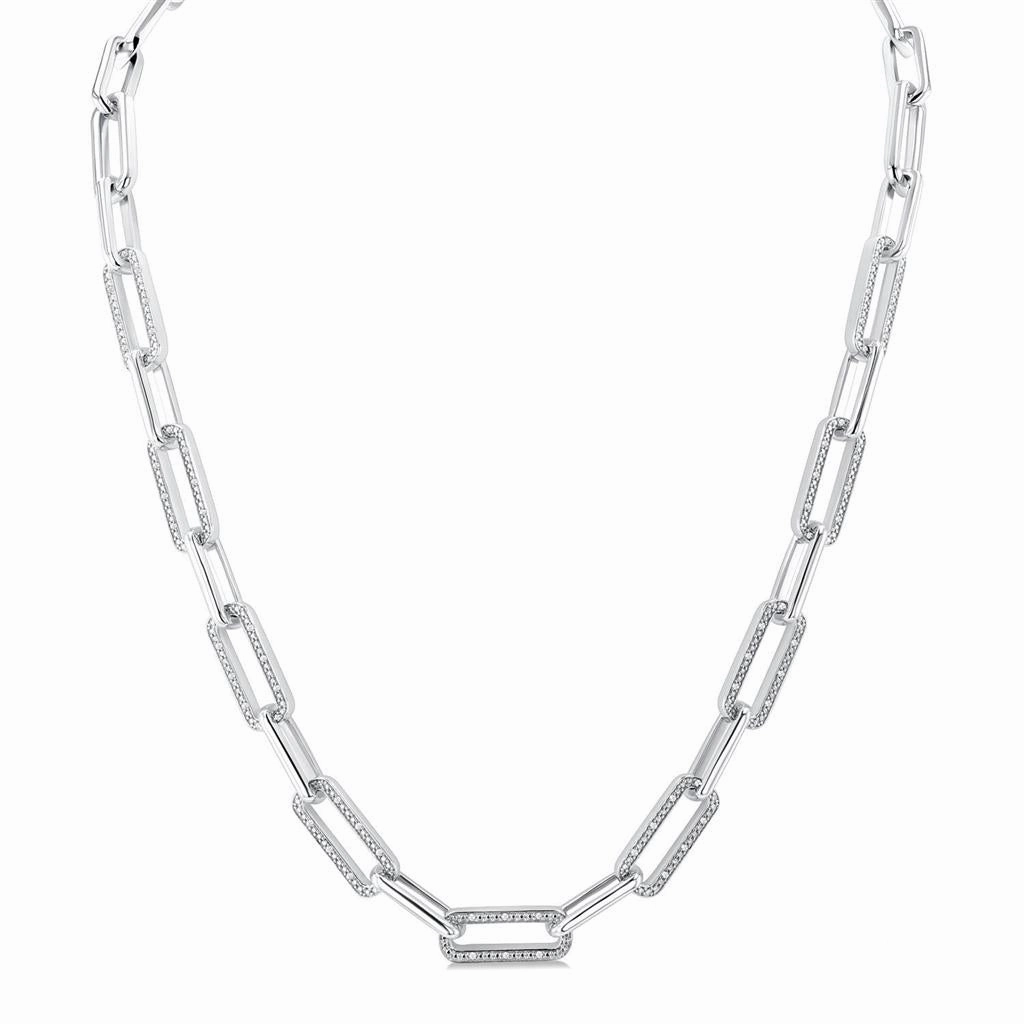 Sterling Silver Paperclip Diamonds Necklace