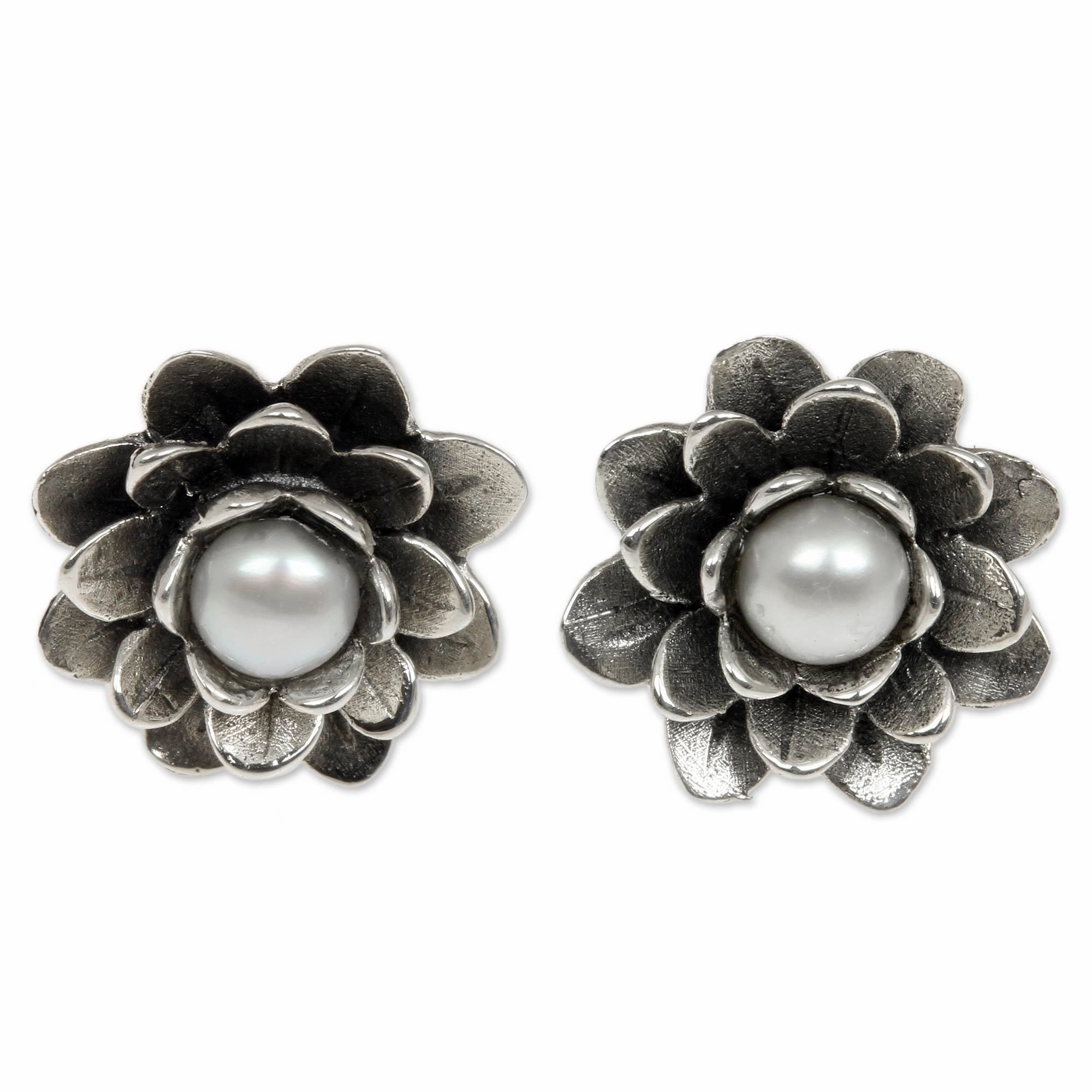 Sterling Silver Pearl & Lotus Flower Stud Earrings