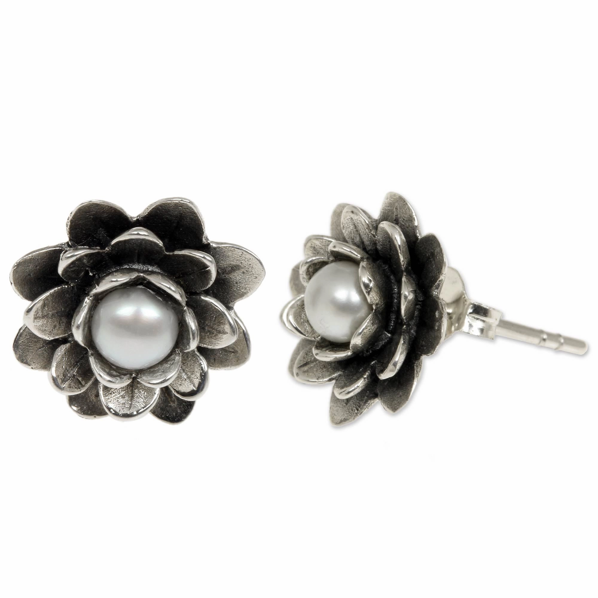 Sterling Silver Pearl & Lotus Flower Stud Earrings