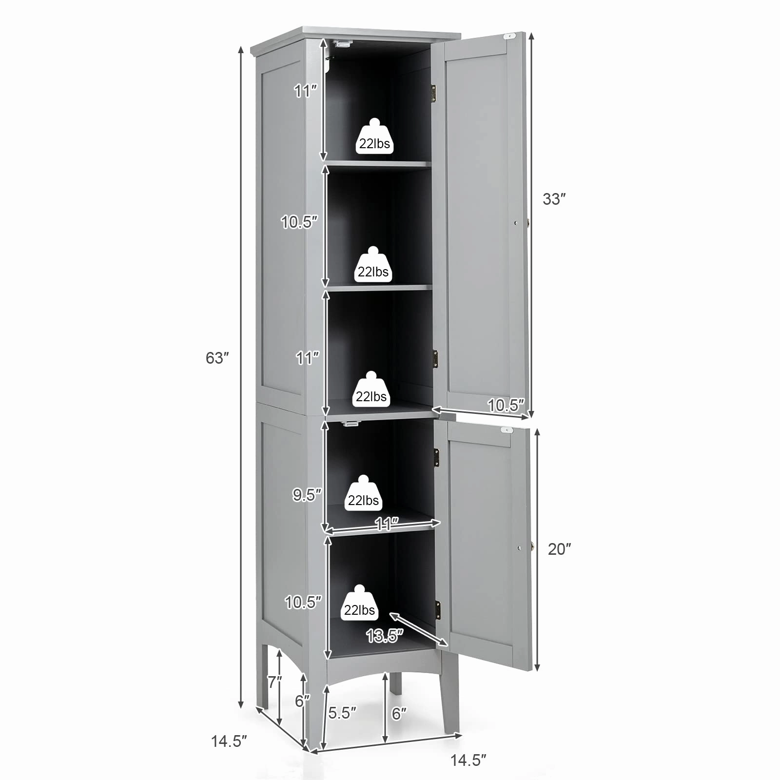 Storage Cabinet Bathroom High Cabinet with 5 Tier Shelves