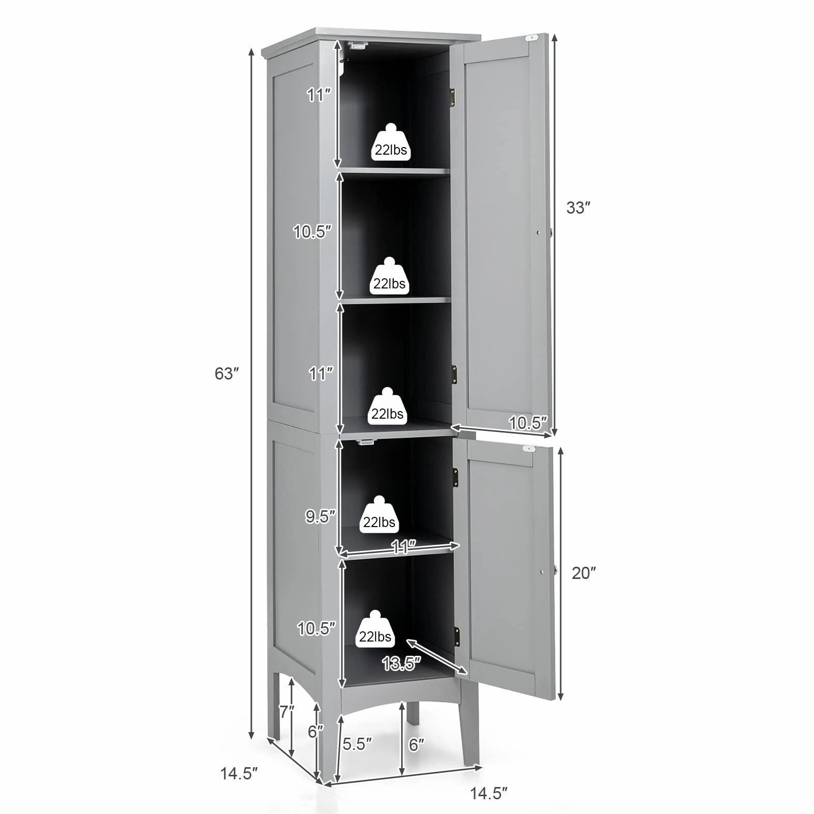 Storage Cabinet Bathroom High Cabinet with 5 Tier Shelves