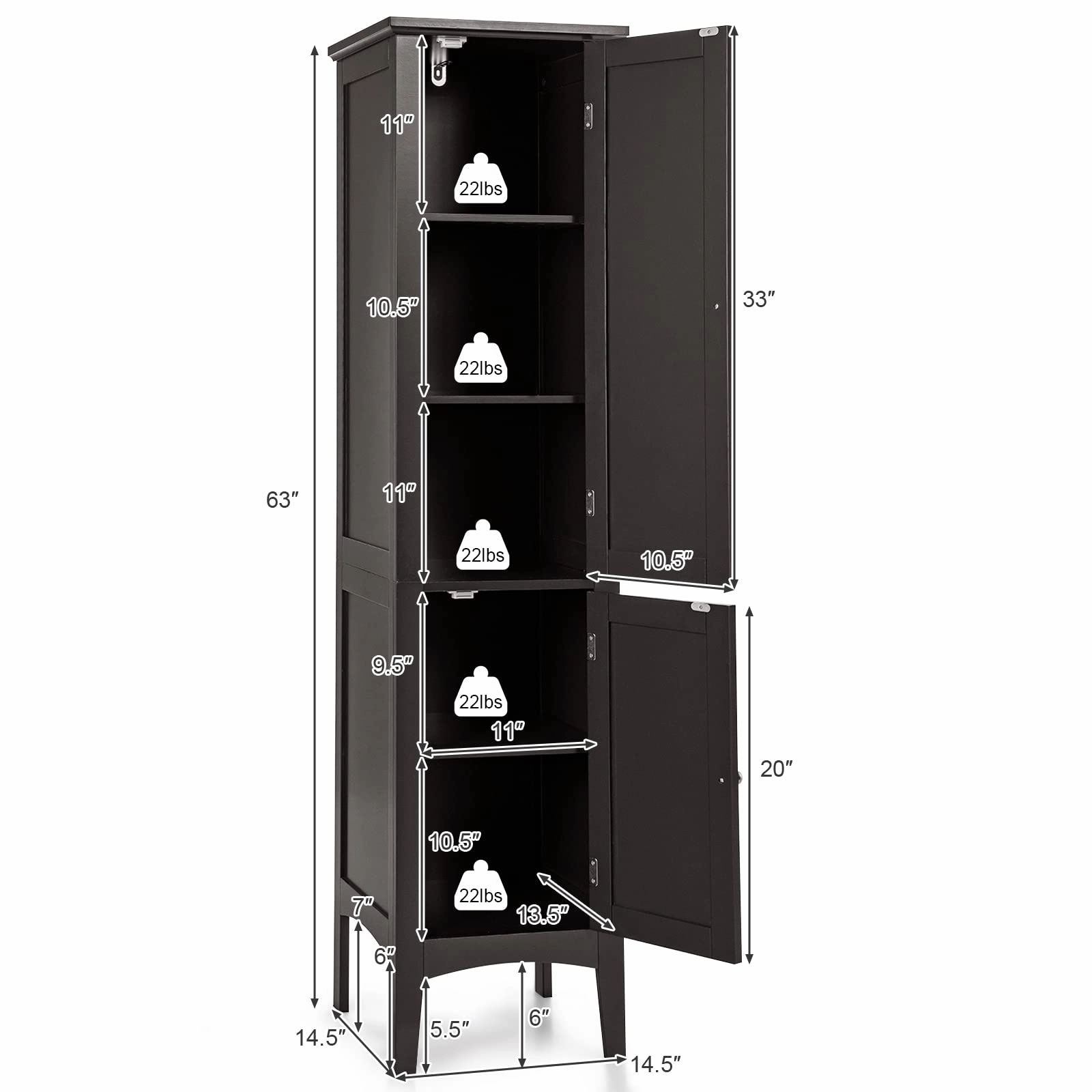Storage Cabinet Bathroom High Cabinet with 5 Tier Shelves
