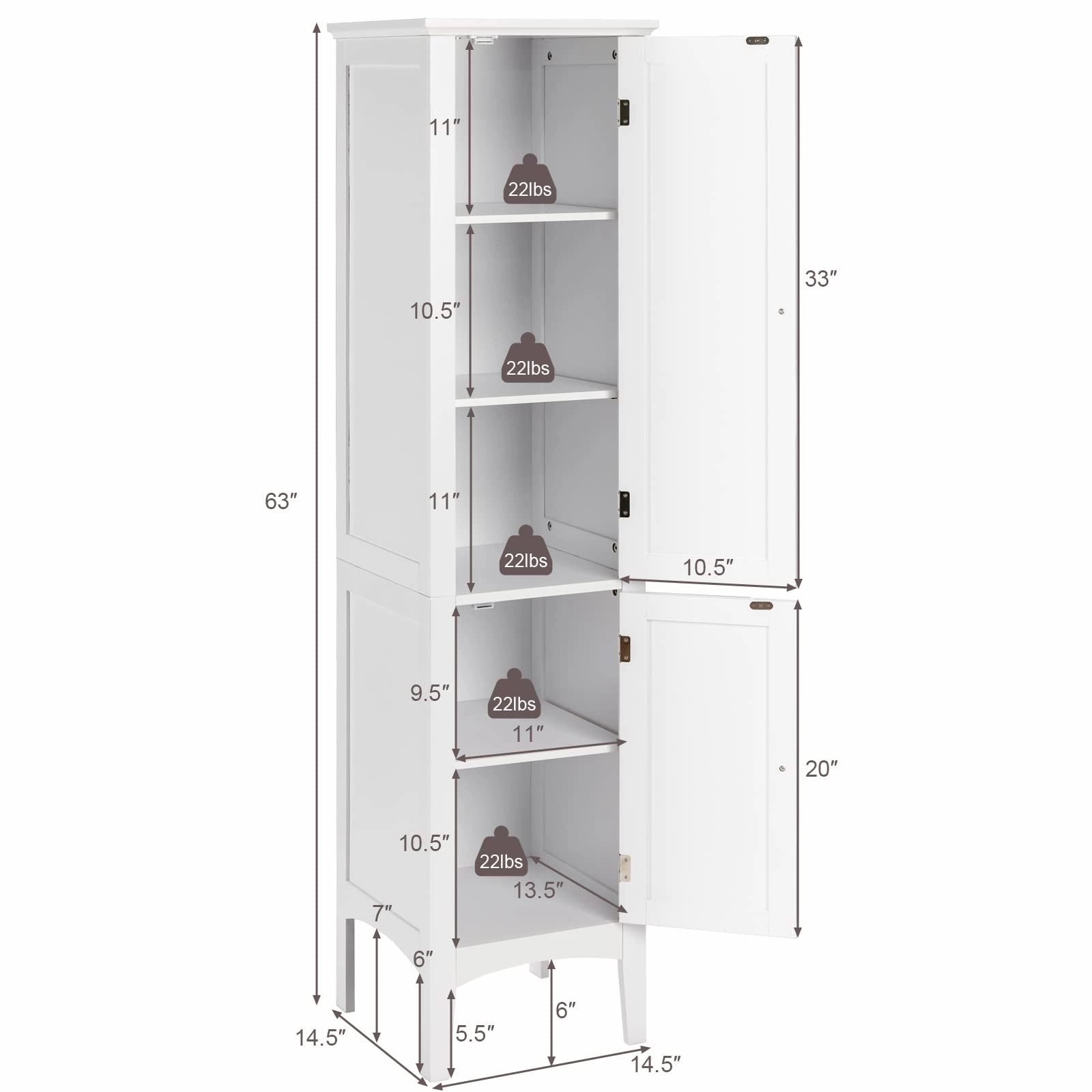 Storage Cabinet Bathroom High Cabinet with 5 Tier Shelves