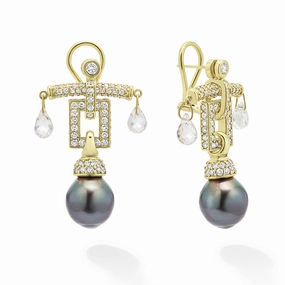 Studio 18K Diamond Quartz and Black Tahitian Pearl Drop Earrings