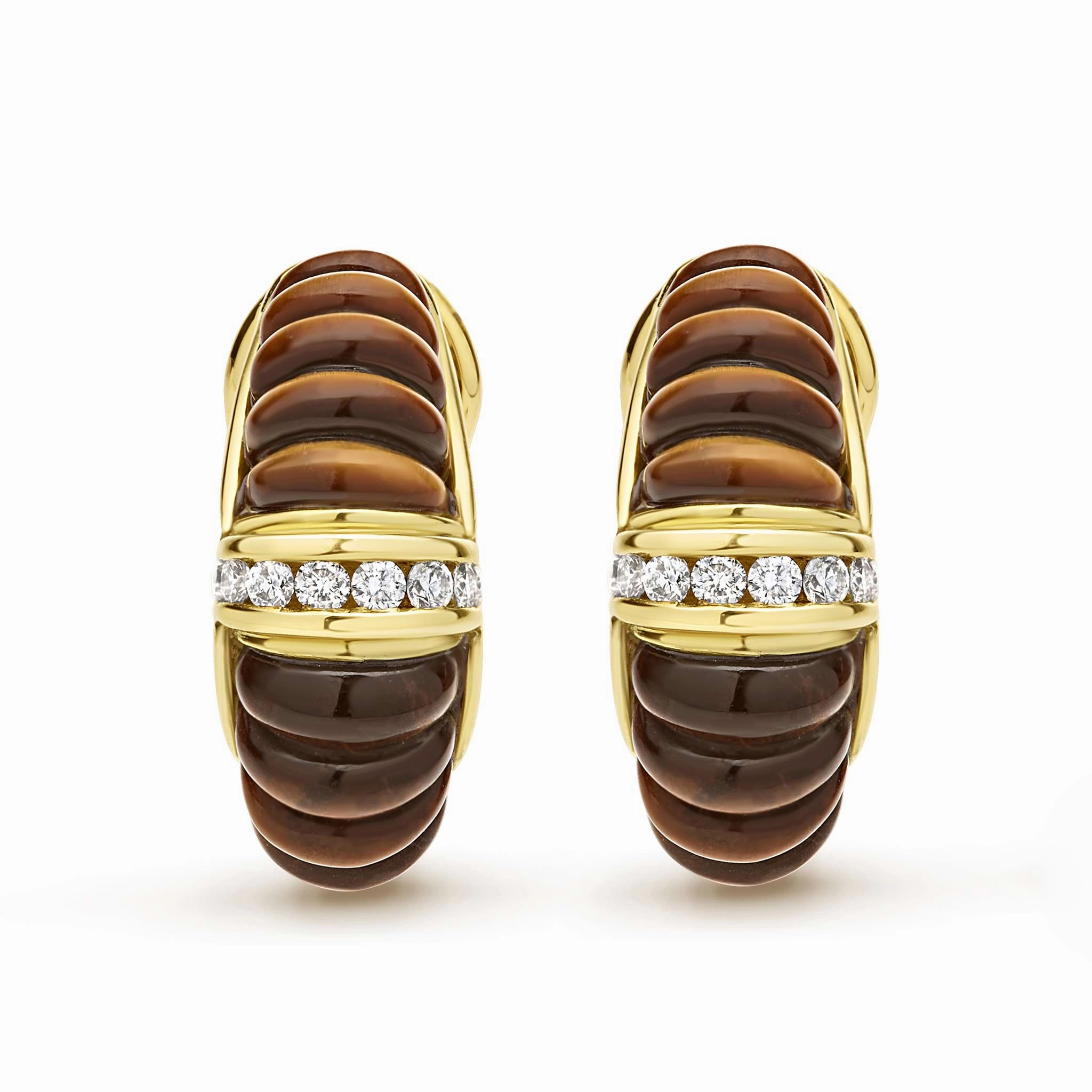Studio 18K Gold Fluted Tigers Eye Diamond Earrings