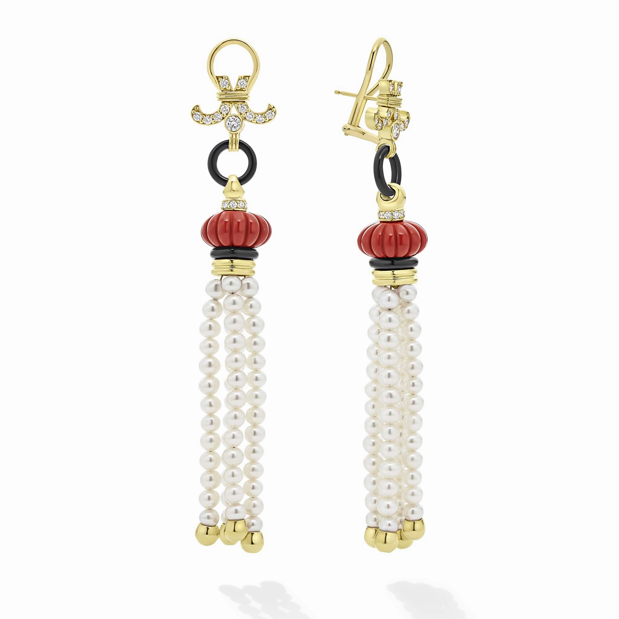 Studio 18K Gold Red Jasper and Pearl Diamond Tassel Earrings