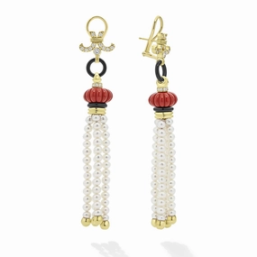 Studio 18K Gold Red Jasper and Pearl Diamond Tassel Earrings