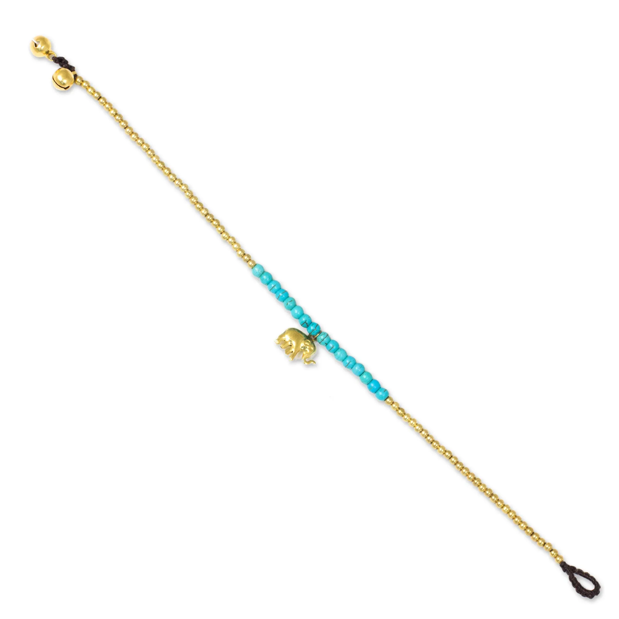 Stylish Elephant Blue Calcite Elephant Charm Beaded Brass Anklet
