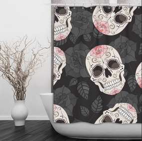 Sugar Skull and Black Rose Shower Curtains and Optional Bath Mats Lighting,Lamps Fixtures
