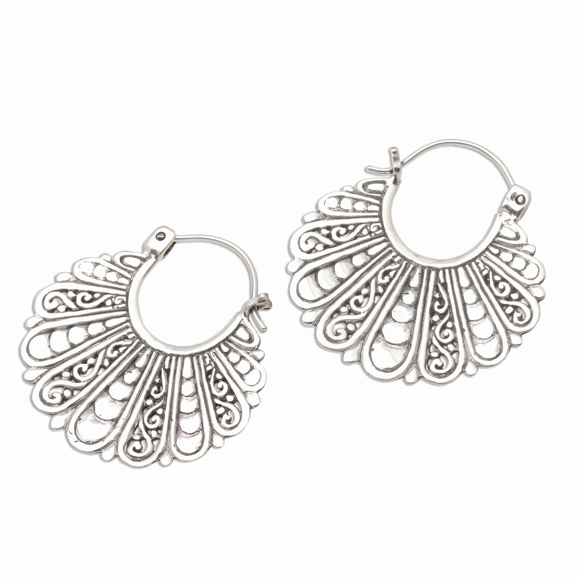 Sukawati Fans Fan-Shaped Sterling Silver Hoop Earrings