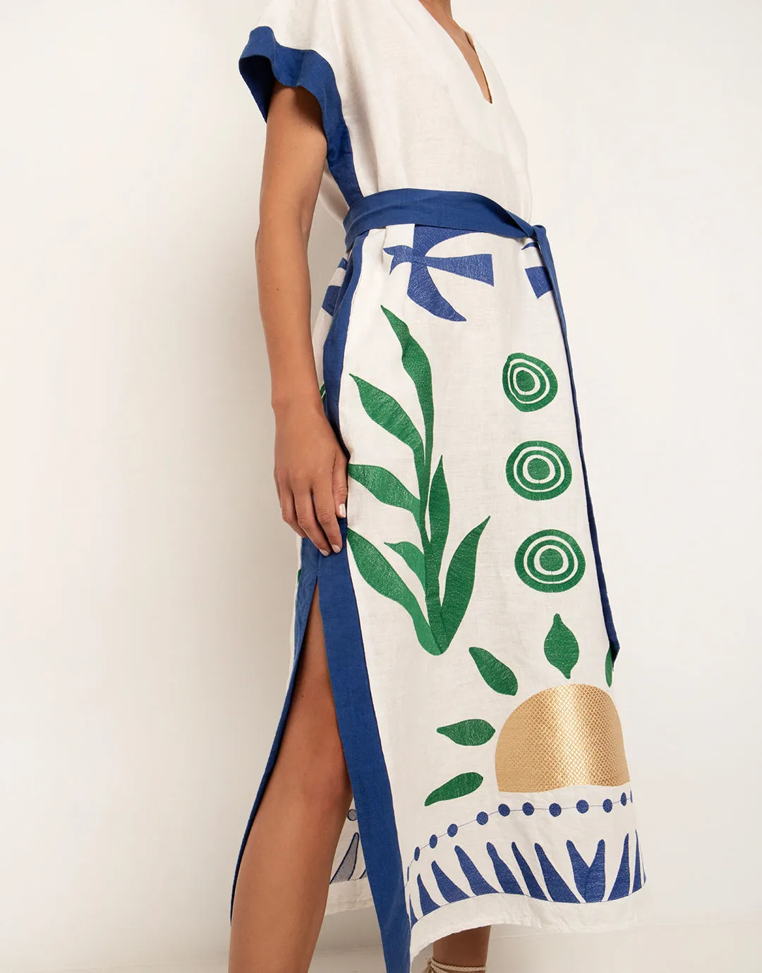 Sun Midi Kaftan  - White Green and Blue