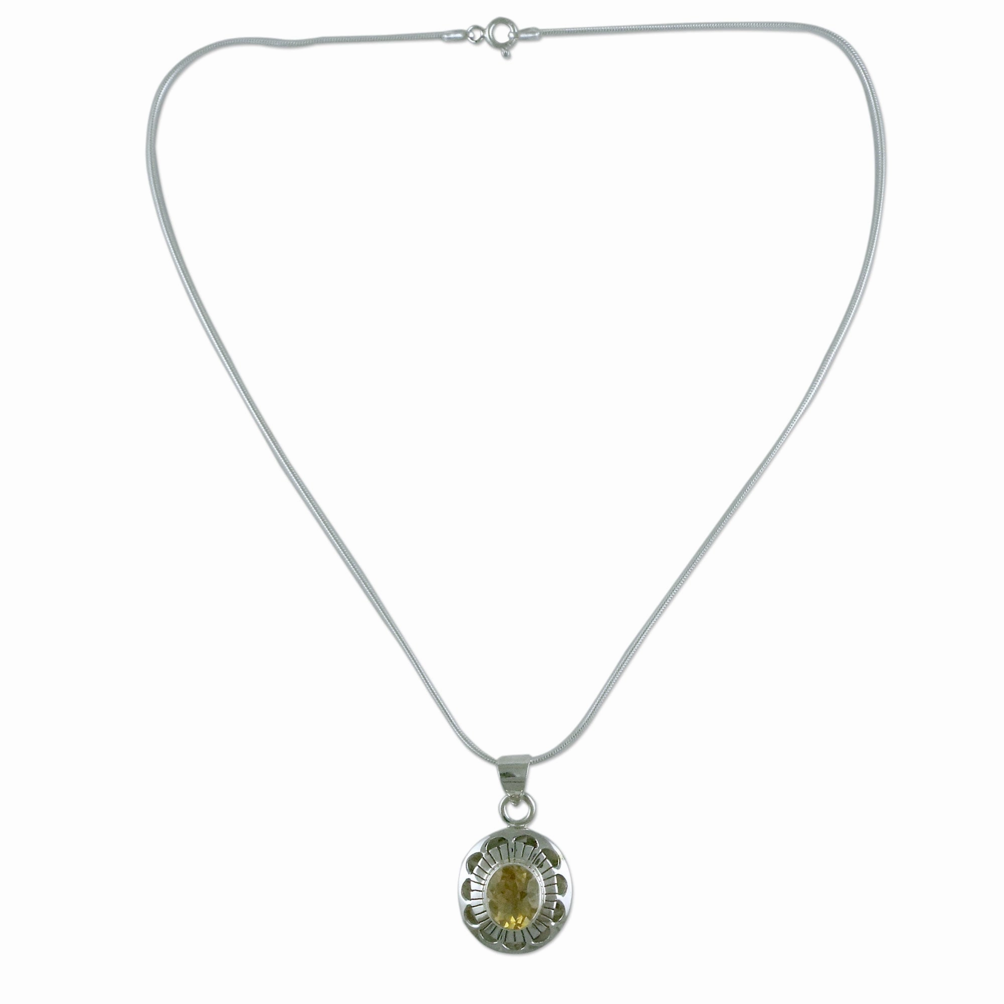 Sun Halo Sterling Silver Necklace with Citrine from India Jewelry