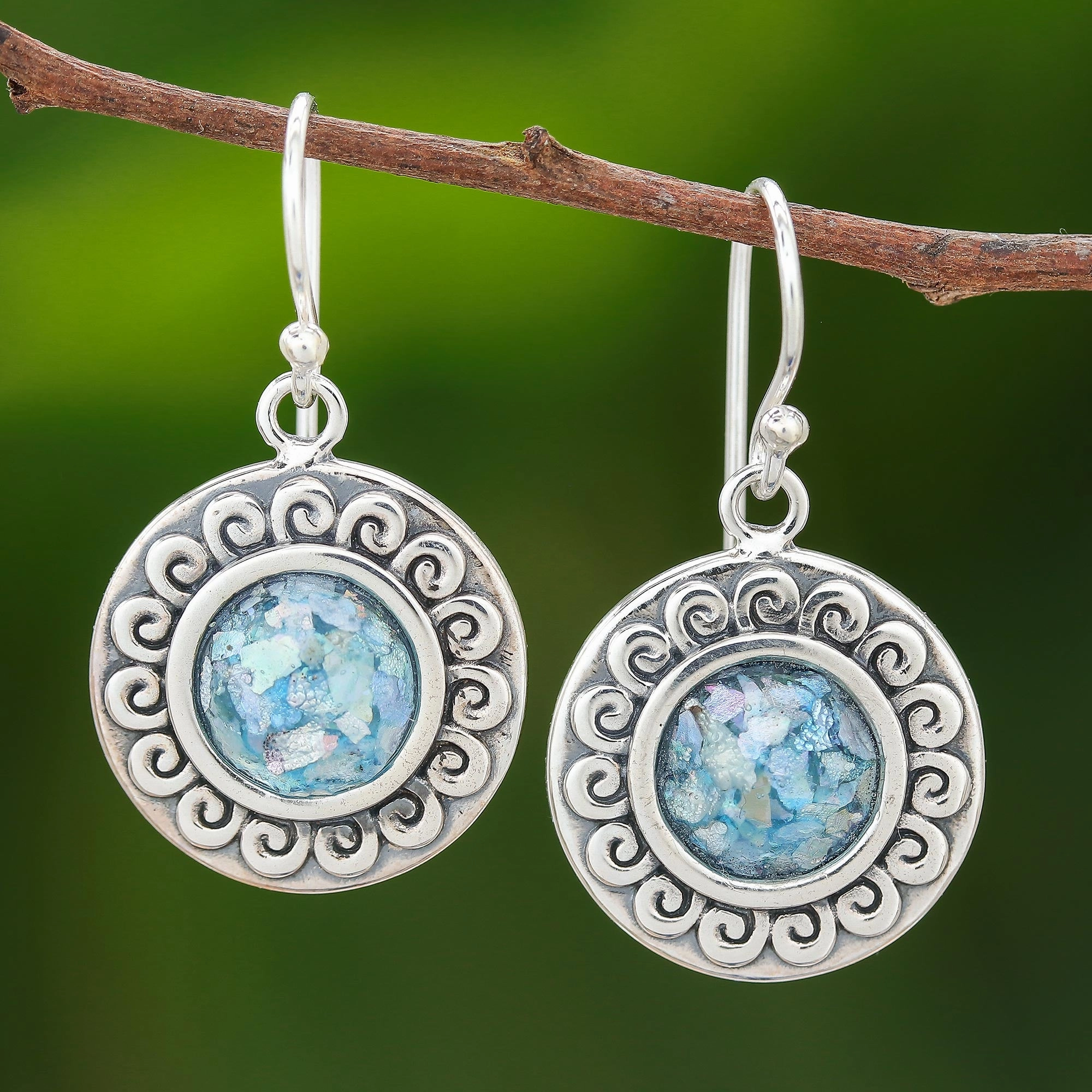 Sun of the Sea Curl Pattern Roman Glass Dangle Earrings from Thailand