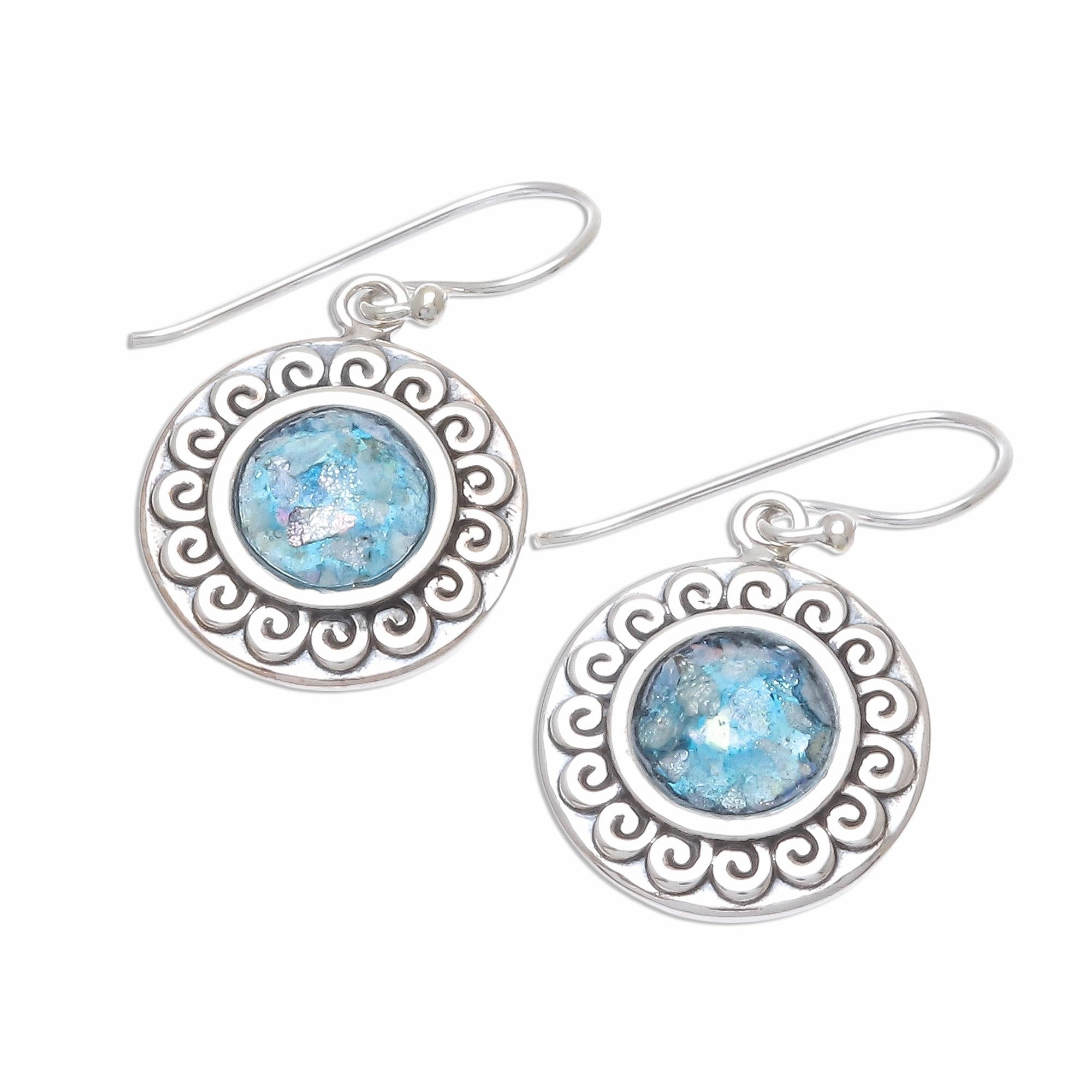 Sun of the Sea Curl Pattern Roman Glass Dangle Earrings from Thailand