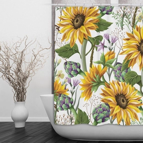 Sunflower and Artichoke on White Shower Curtains and Optional Bath Mats Lighting,Lamps Fixtures