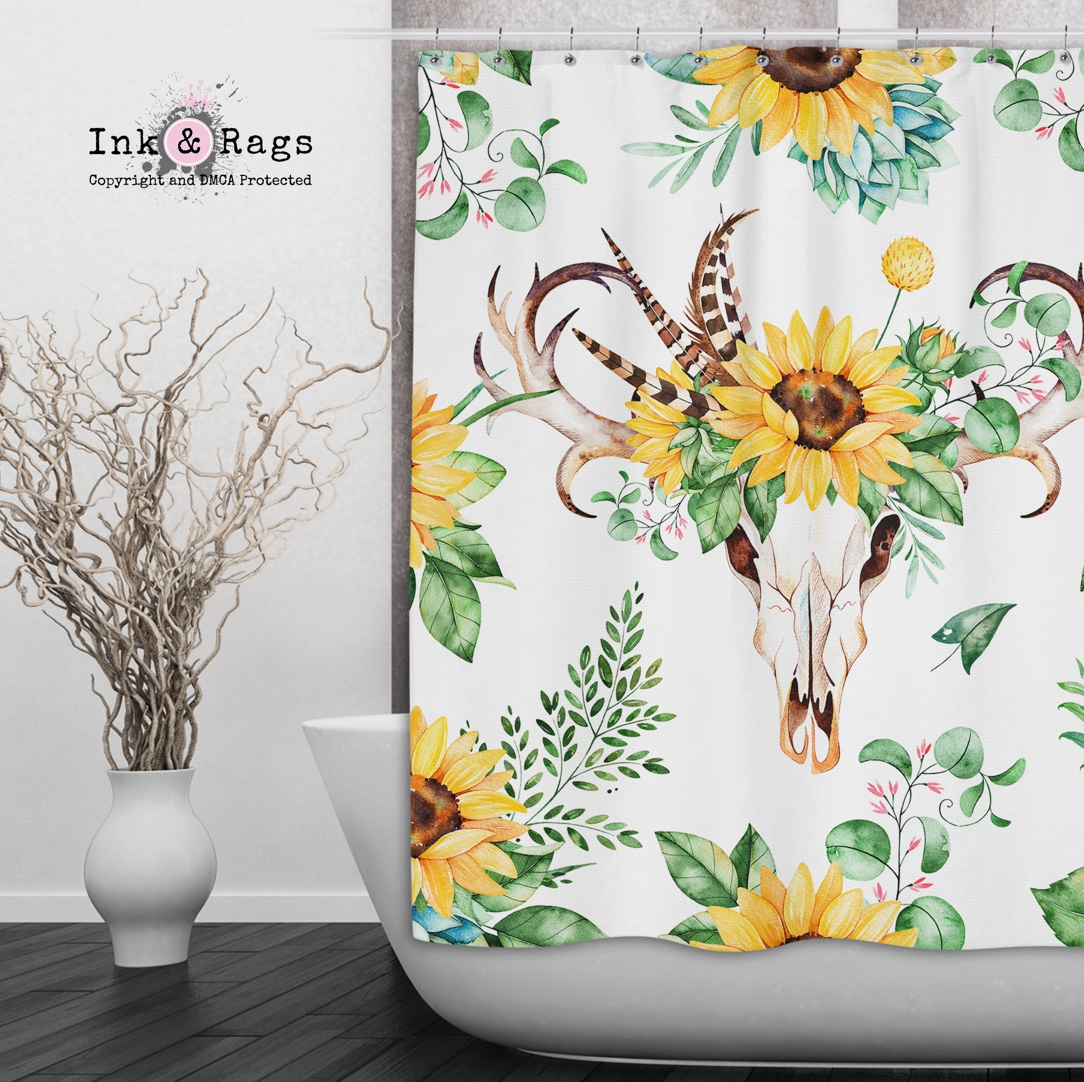 Sunflower and Deer Skull on White Shower Curtains and Optional Bath Mats Lighting,Lamps Fixtures