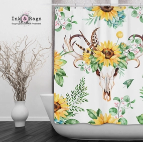 Sunflower and Deer Skull on White Shower Curtains and Optional Bath Mats Lighting,Lamps Fixtures