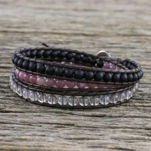 Sunrise Wanderlust Unisex Leather and Multi-Gemstone Beaded Wrap Bracelet