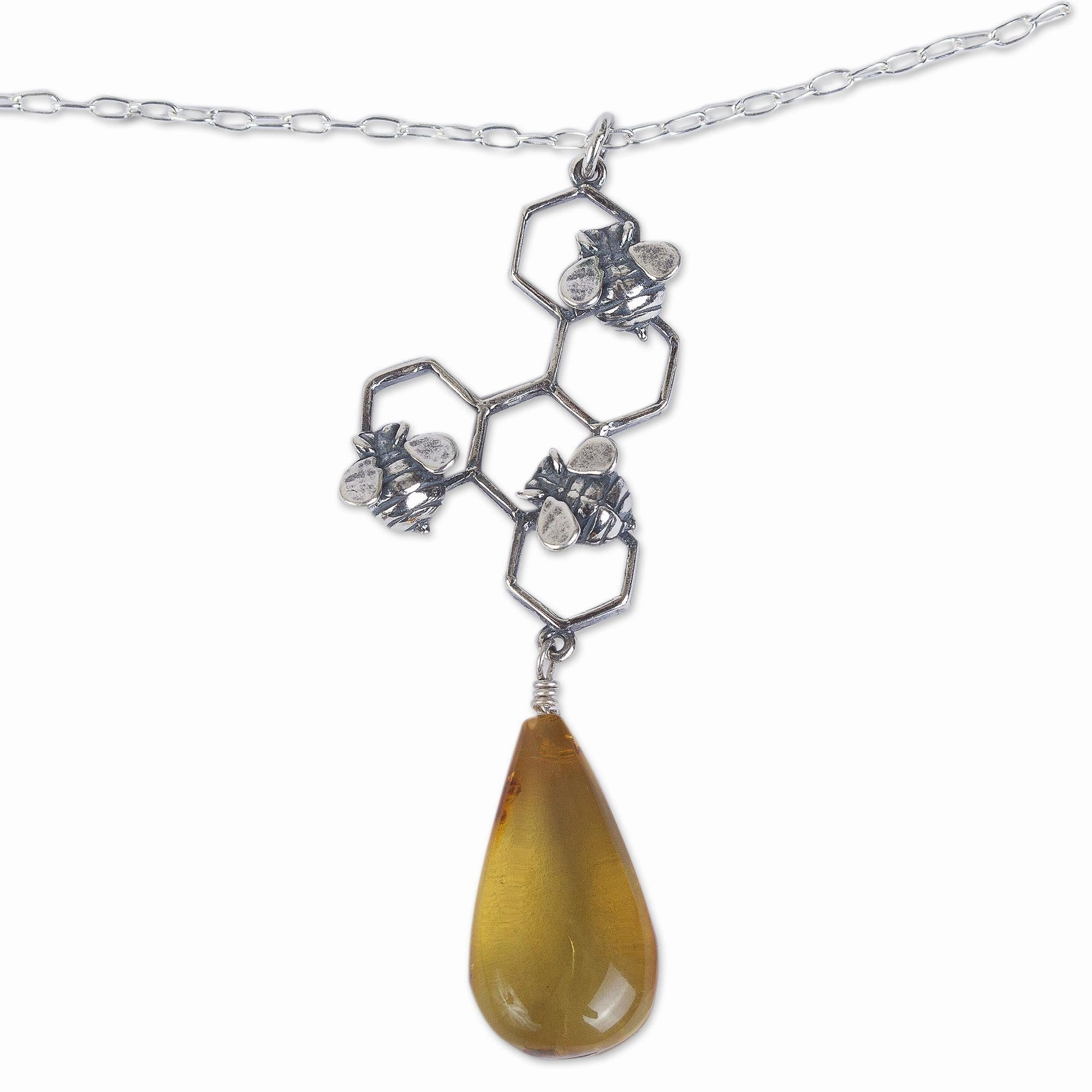 Sweet Honey Amber and Sterling Silver Bees in Honeycomb Necklace