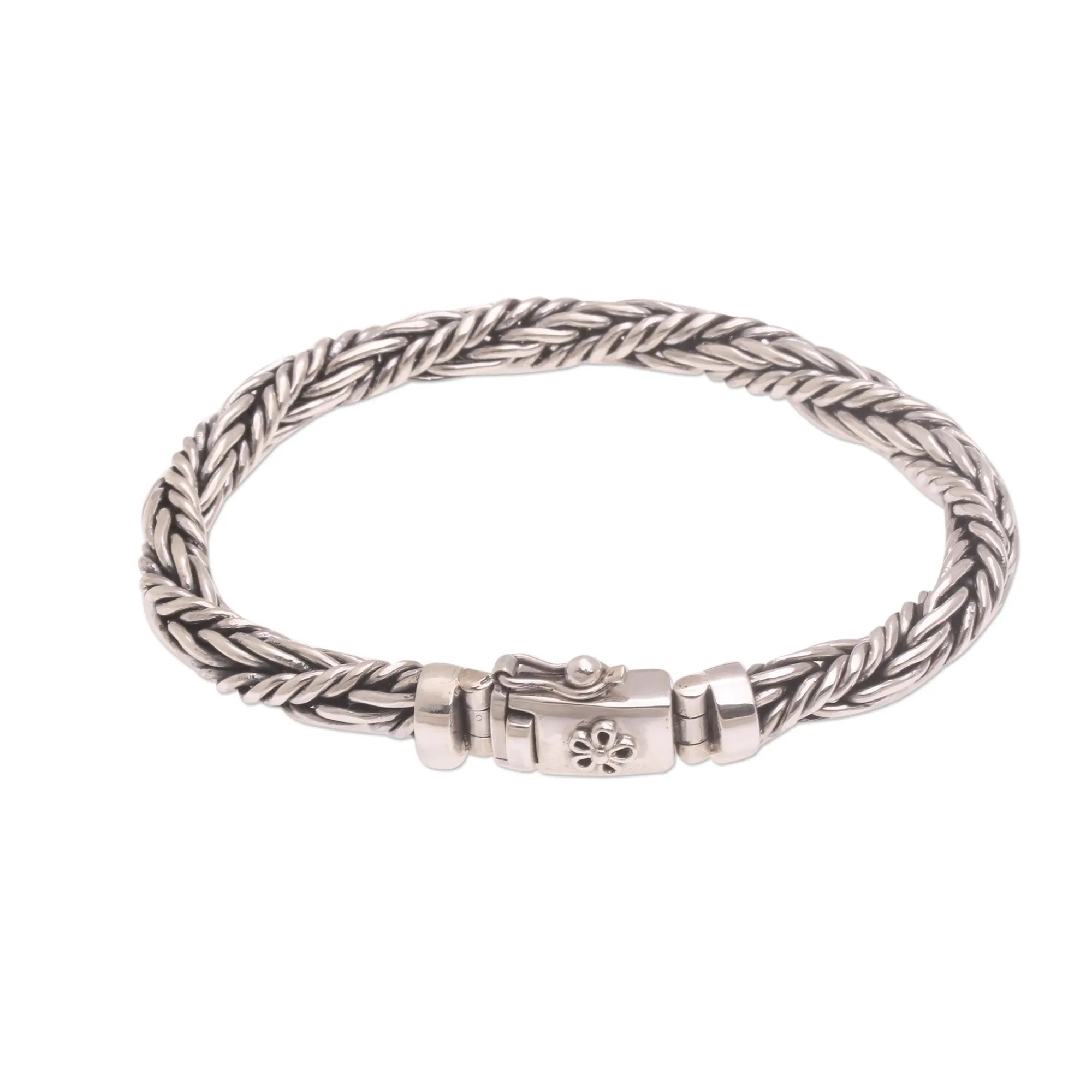Swirling Odyssey Sterling Silver Chain Bracelet Embellished with Small Flower