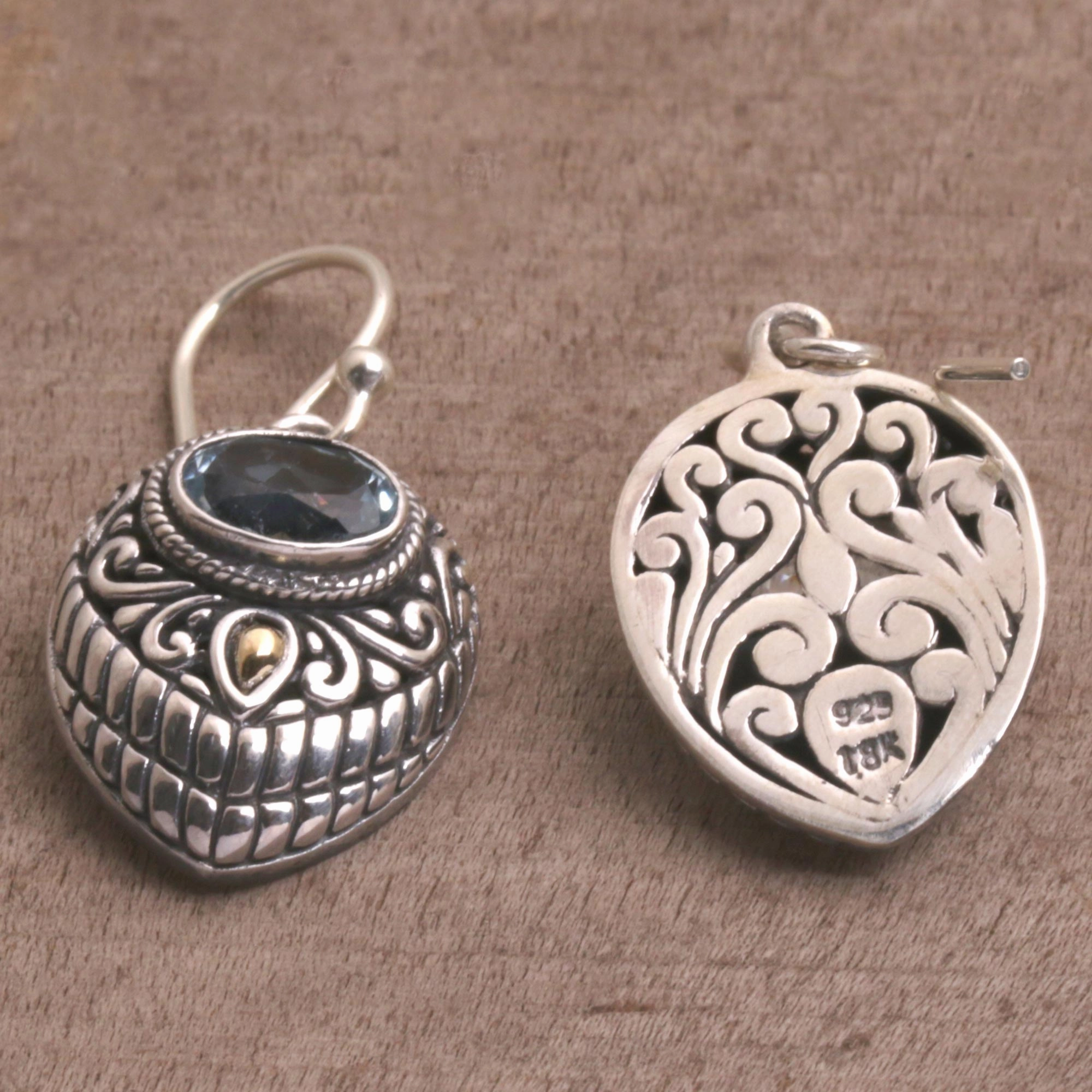 Swirling Crests Gold Accent Blue Topaz and 925 Silver Earrings from Bali